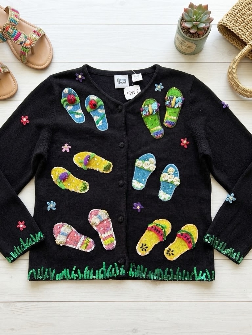 NWT Vintage Emma Tricot Black Cardigan Small Novelty Flip Flop 3D Beaded